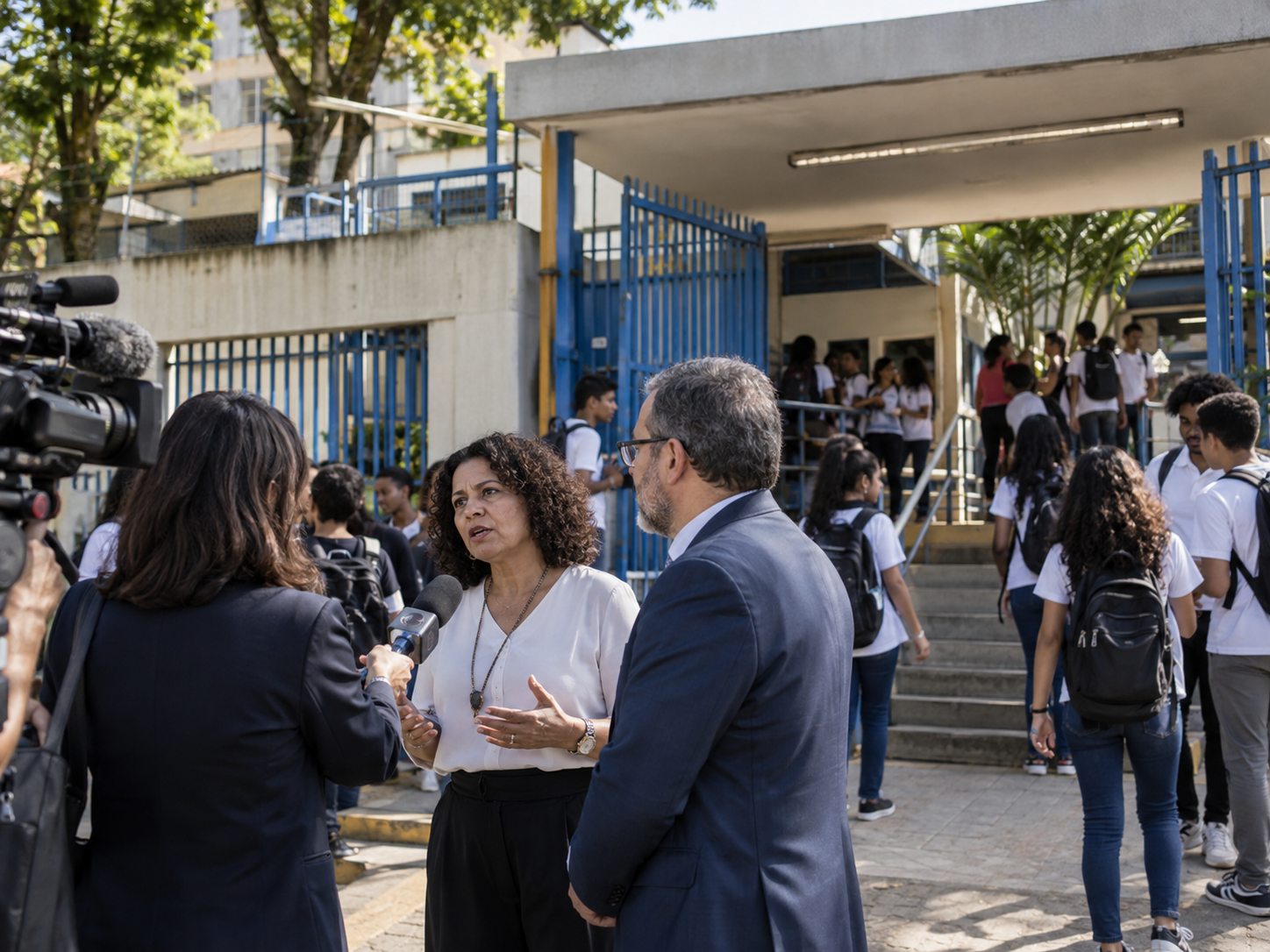 Entrevista com educadores na entrada de uma escola