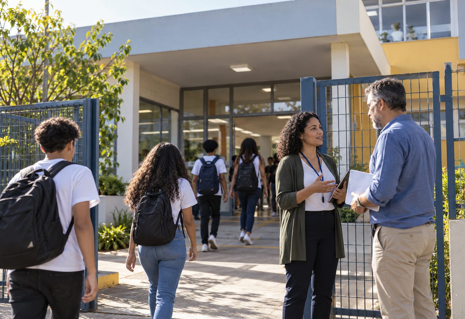 Estudantes e educadores na entrada de uma escola